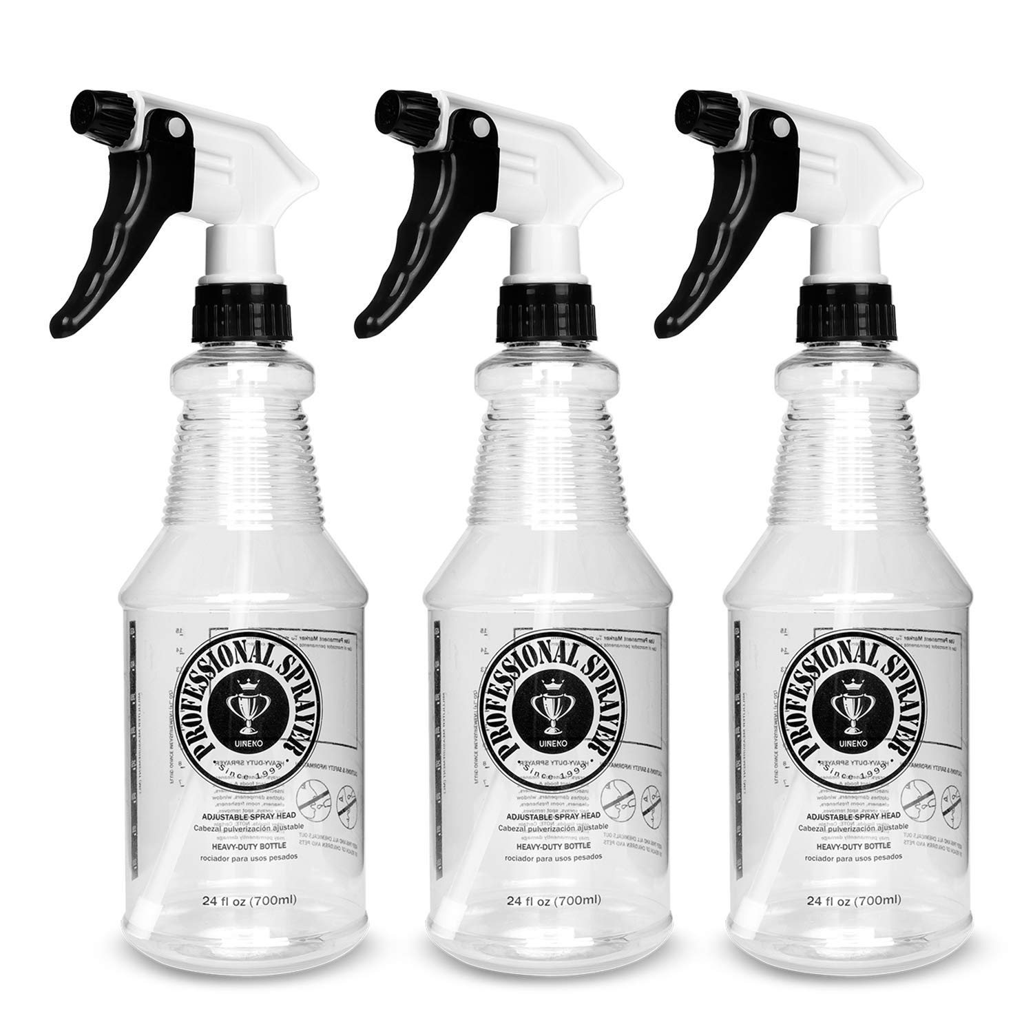 Uineko Plastic Spray Bottle (3 Pack, 24 oz, 3 Colors) Heavy Duty All-Purpose Empty Spraying Bottles Leak Proof Commercial Mist Water Bottle for