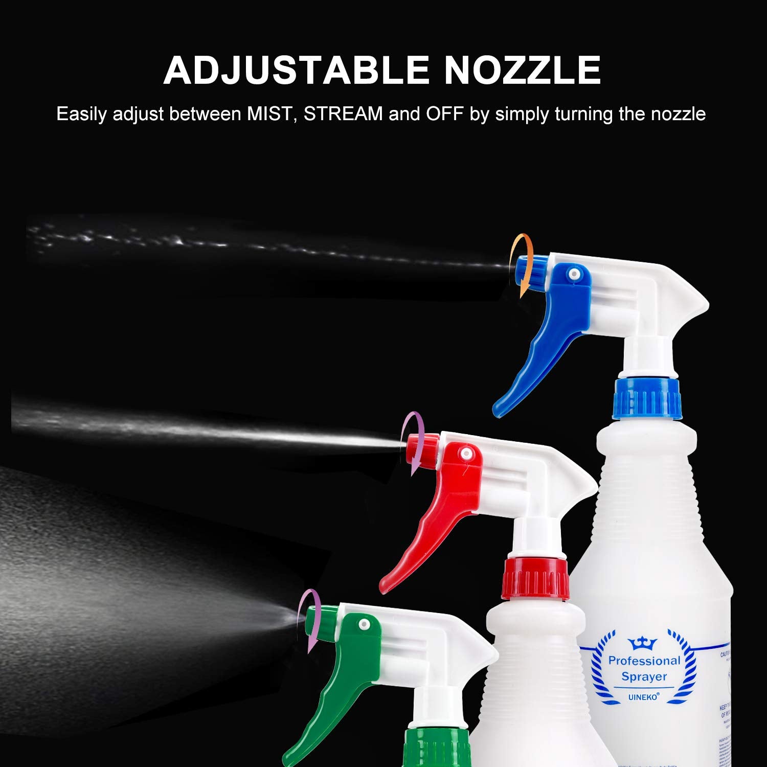 Uineko Plastic Spray Bottle (3 Pack, 24 Oz, 3 Colors) Heavy Duty All-P