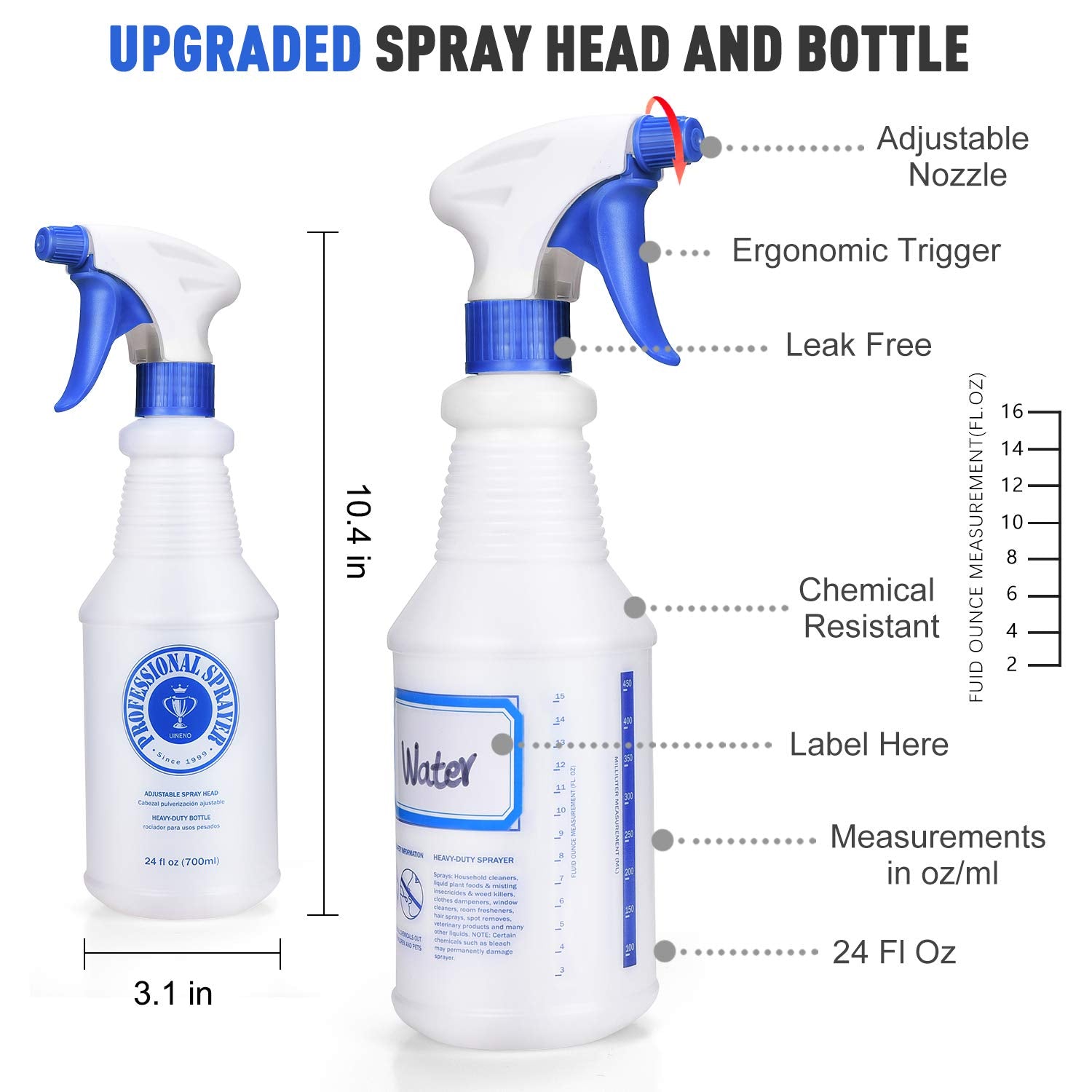 Plastic Spray Bottle 4 Pack 24 Oz (Upgraded Sprayer) All-Purpose Heavy –  Uineko