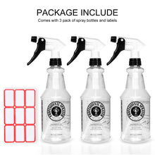 Load image into Gallery viewer, Plastic Spray Bottle 24oz 3-Pack with Clear Finish, Heavy Duty All-Purpose Empty Spraying Bottles Leak Proof Mist Water Sprayer for Cleaning Solutions Plants Pet with Adjustable Nozzle, Measurements

